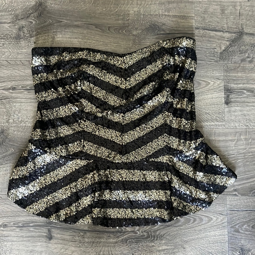 Black and gold sequin striped peplum tube top